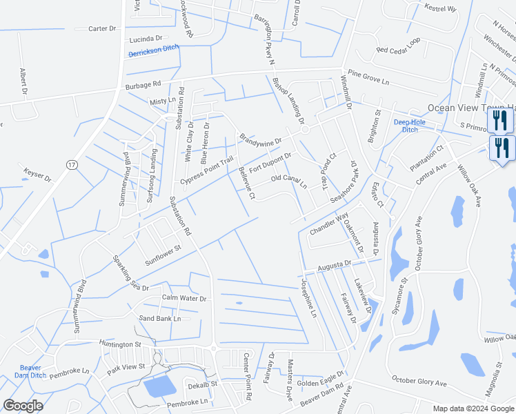 map of restaurants, bars, coffee shops, grocery stores, and more near 16917 Bellevue Court in Millville