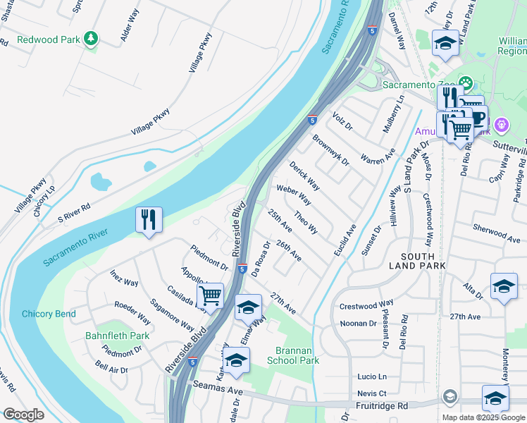map of restaurants, bars, coffee shops, grocery stores, and more near 4601 Riverside Boulevard in Sacramento