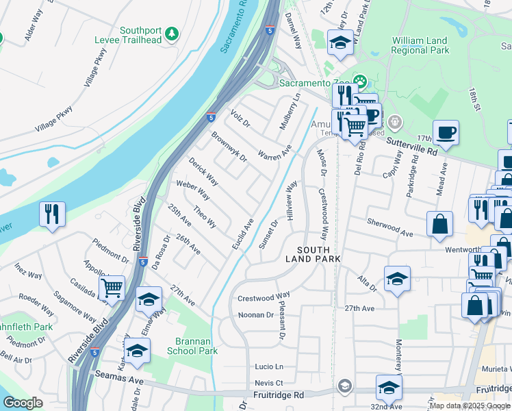 map of restaurants, bars, coffee shops, grocery stores, and more near 4402 Euclid Avenue in Sacramento