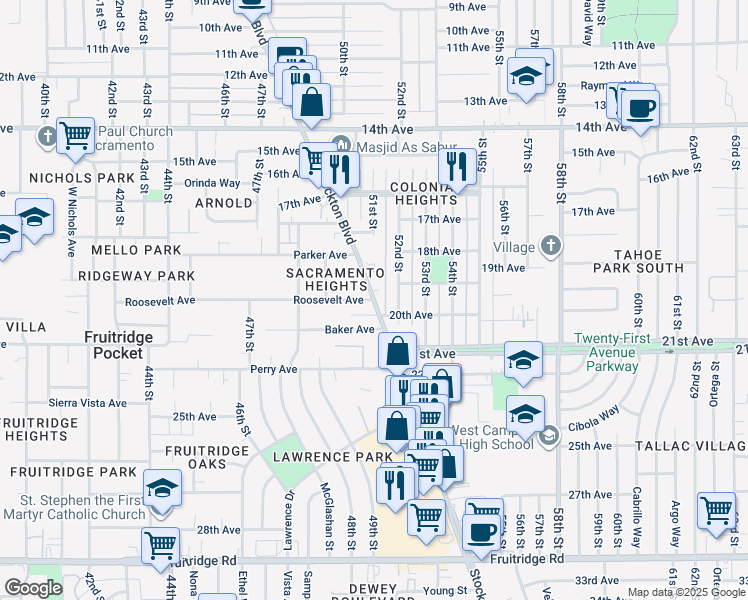 map of restaurants, bars, coffee shops, grocery stores, and more near Stockton Boulevard & Roosevelt Avenue in Parkway-South Sacramento