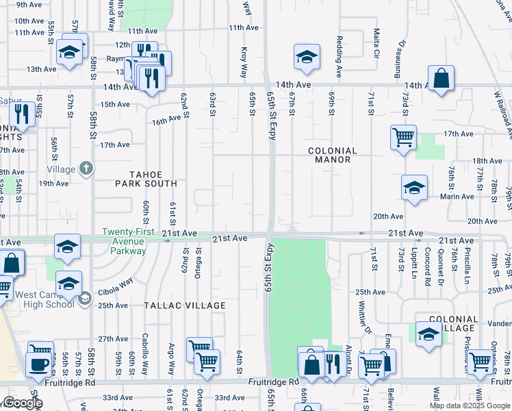 map of restaurants, bars, coffee shops, grocery stores, and more near 4601 65th Street in Sacramento