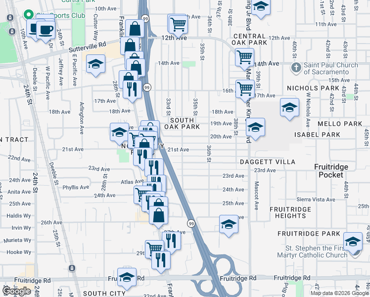 map of restaurants, bars, coffee shops, grocery stores, and more near 3408 21st Avenue in Sacramento