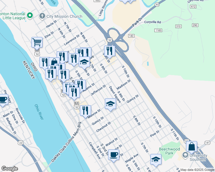 map of restaurants, bars, coffee shops, grocery stores, and more near 602 South 7th Street in Ironton