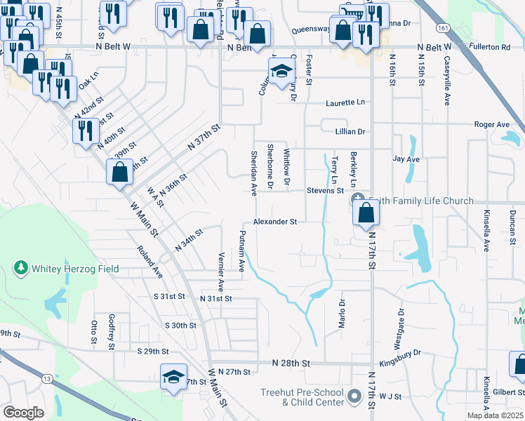 map of restaurants, bars, coffee shops, grocery stores, and more near 3406 Sheridan Avenue in Belleville