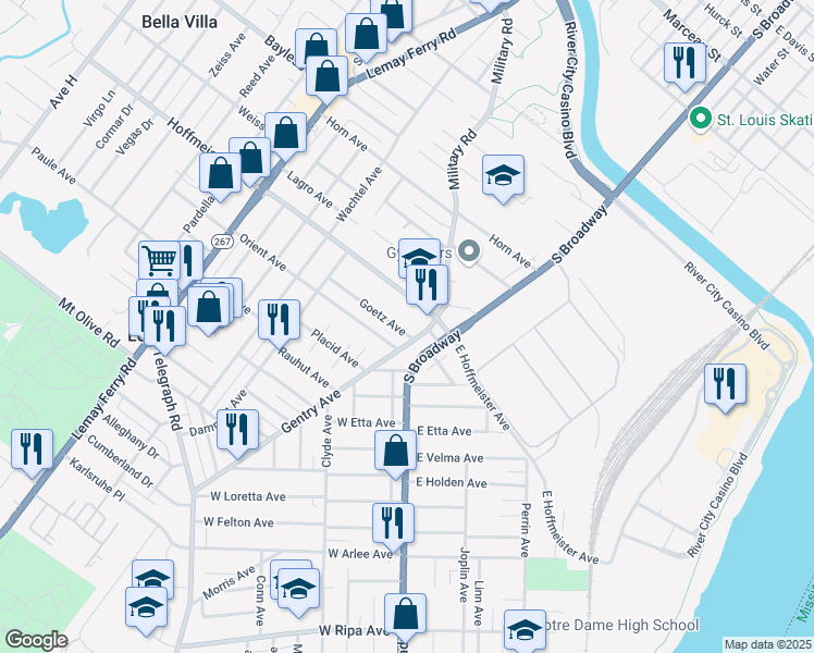 map of restaurants, bars, coffee shops, grocery stores, and more near 311 Goetz Avenue in St. Louis
