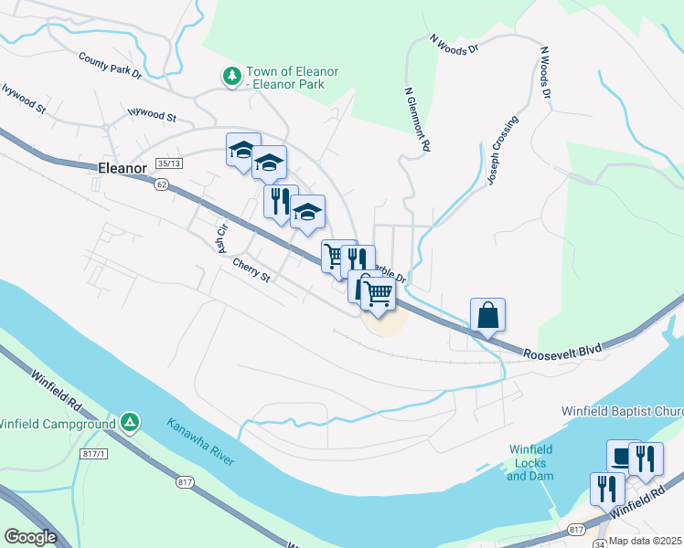 map of restaurants, bars, coffee shops, grocery stores, and more near 101 Roosevelt Boulevard in Eleanor
