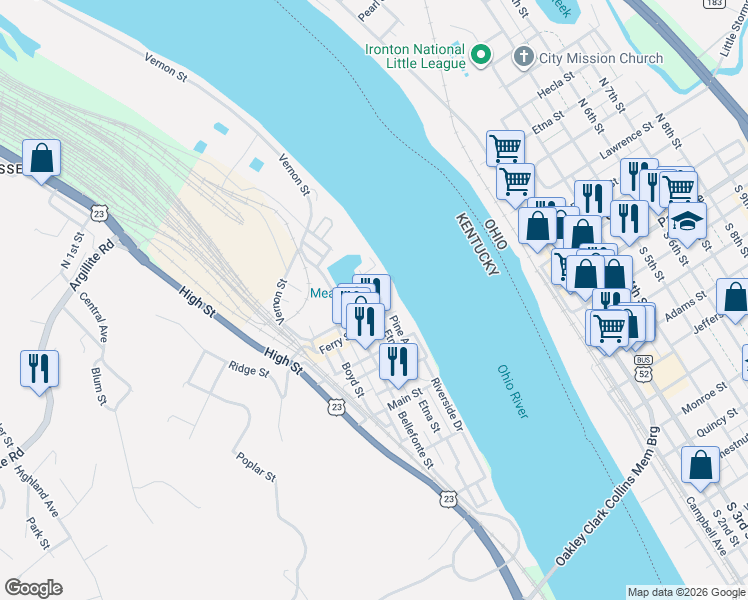 map of restaurants, bars, coffee shops, grocery stores, and more near Division Street in Russell