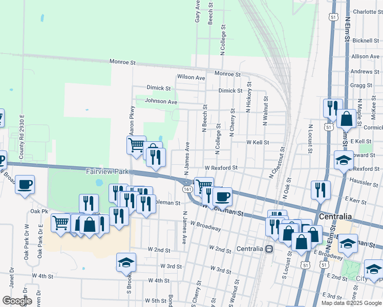 map of restaurants, bars, coffee shops, grocery stores, and more near 450-498 North Beech Street in Centralia