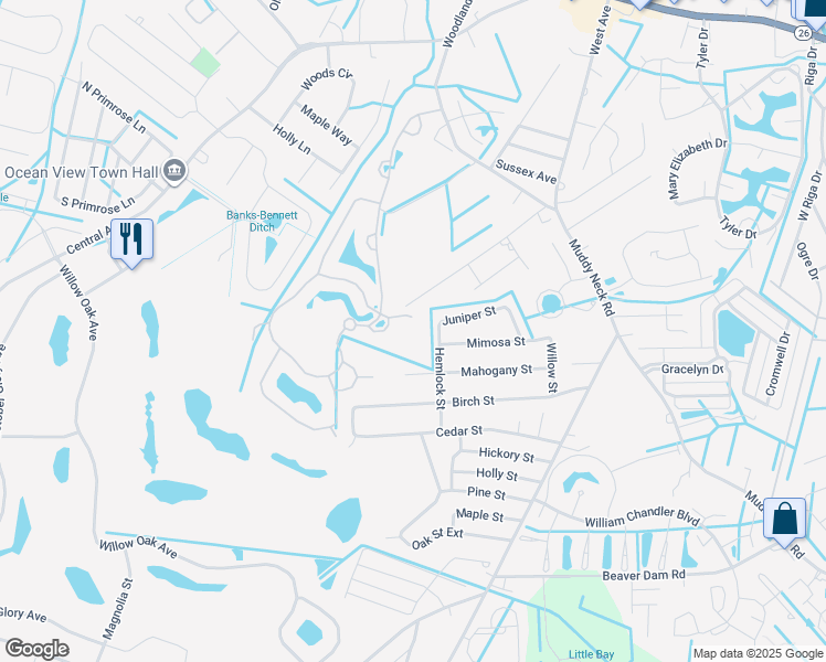map of restaurants, bars, coffee shops, grocery stores, and more near 33057 Capri Court in Ocean View