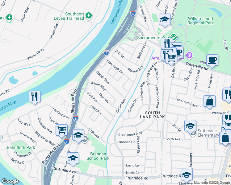 map of restaurants, bars, coffee shops, grocery stores, and more near 1164 Derick Way in Sacramento
