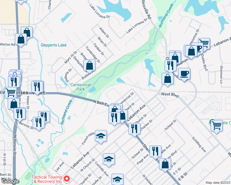map of restaurants, bars, coffee shops, grocery stores, and more near 1503 Dewey Street in Belleville