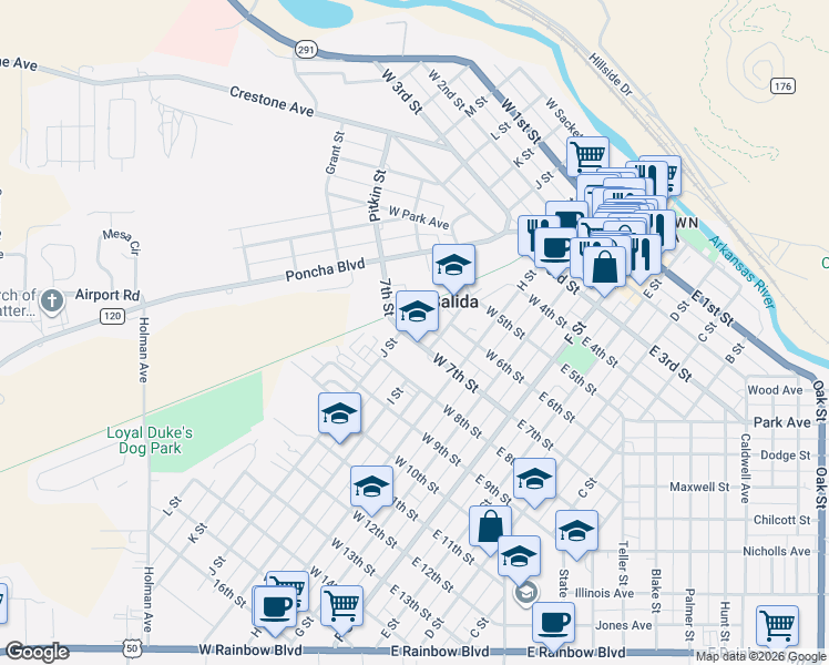 map of restaurants, bars, coffee shops, grocery stores, and more near 432 West 7th Street in Salida