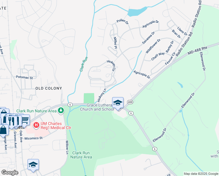map of restaurants, bars, coffee shops, grocery stores, and more near 111 Huckleberry Drive in La Plata