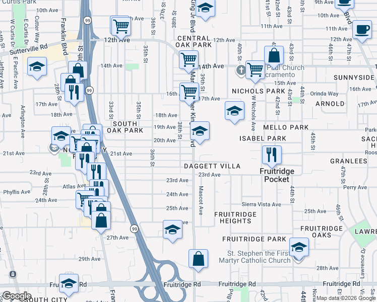 map of restaurants, bars, coffee shops, grocery stores, and more near 3833 21st Avenue in Sacramento