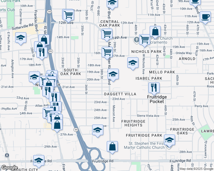 map of restaurants, bars, coffee shops, grocery stores, and more near 3804 21st Avenue in Sacramento