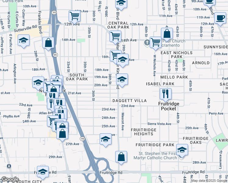 map of restaurants, bars, coffee shops, grocery stores, and more near 3804 21st Avenue in Sacramento