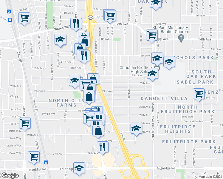 map of restaurants, bars, coffee shops, grocery stores, and more near 3406 21st Avenue in Sacramento