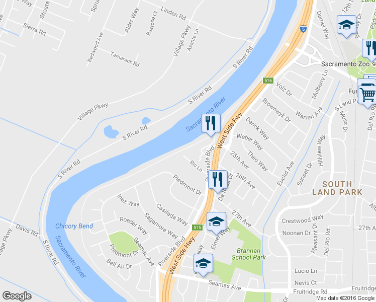map of restaurants, bars, coffee shops, grocery stores, and more near 1040 Rio Lane in Sacramento