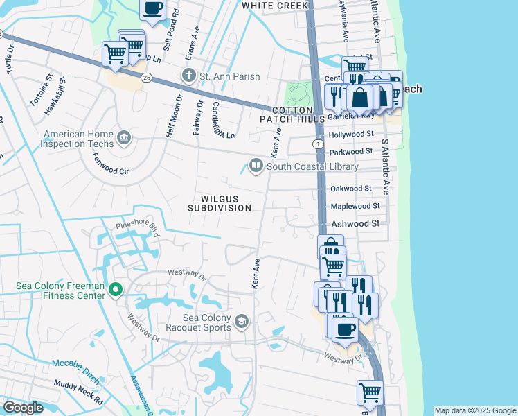 map of restaurants, bars, coffee shops, grocery stores, and more near 67 Kent Avenue in Bethany Beach