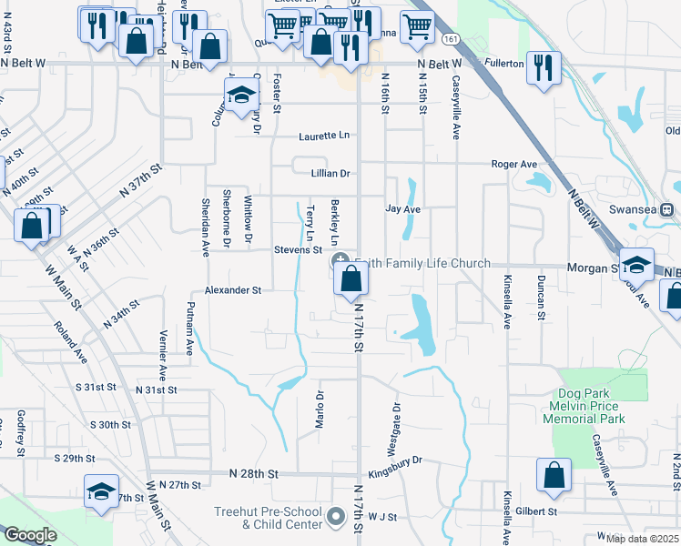 map of restaurants, bars, coffee shops, grocery stores, and more near 1419 North 17th Street in Belleville