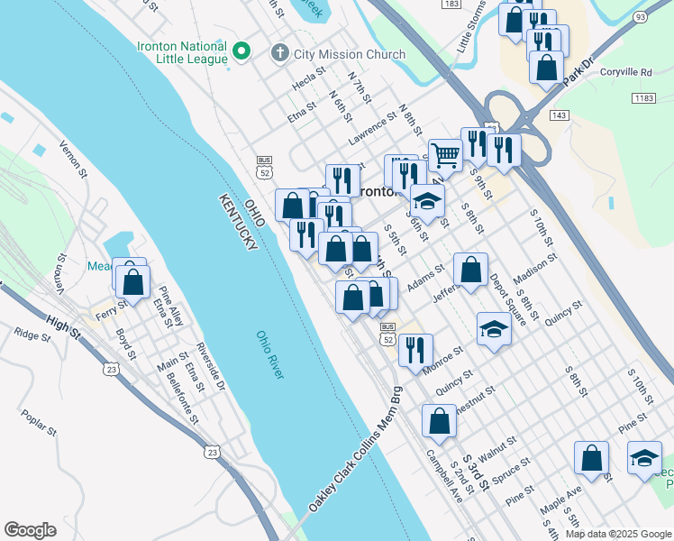 map of restaurants, bars, coffee shops, grocery stores, and more near 308 South 3rd Street in Ironton