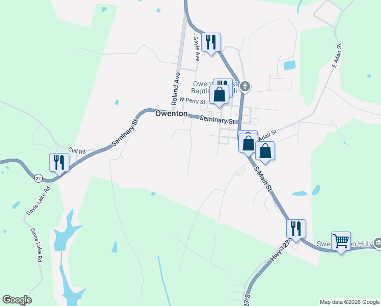map of restaurants, bars, coffee shops, grocery stores, and more near 118 Kelly Court in Owenton