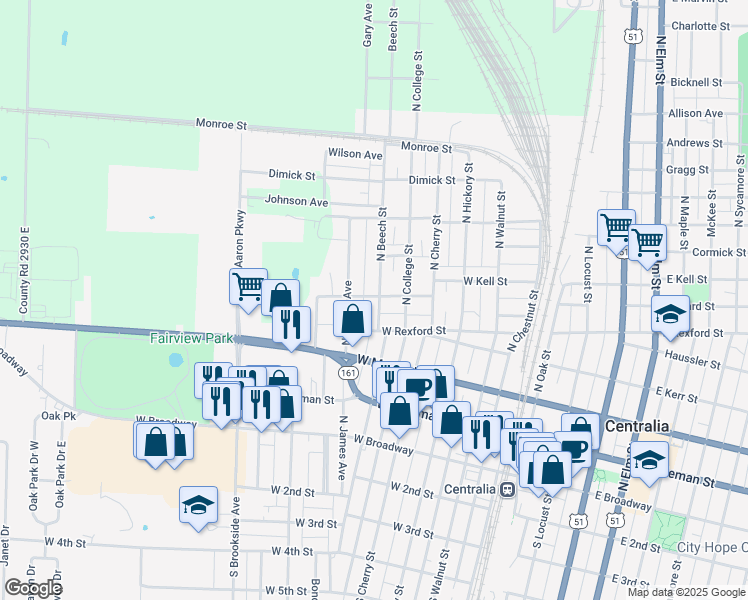 map of restaurants, bars, coffee shops, grocery stores, and more near 450 North Beech Street in Centralia