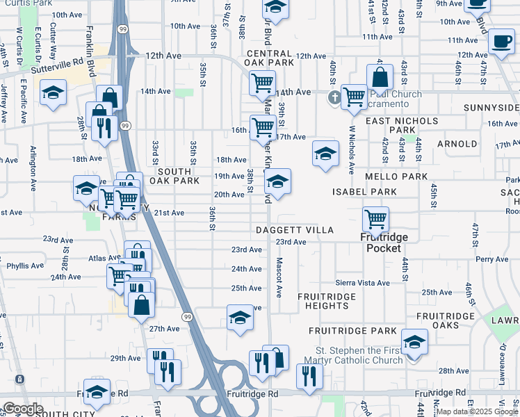 map of restaurants, bars, coffee shops, grocery stores, and more near 3825 21st Avenue in Sacramento