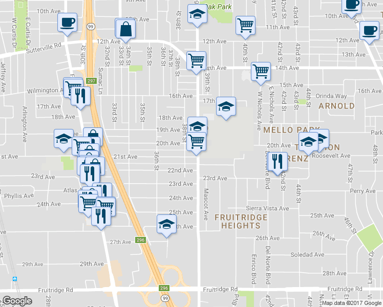 map of restaurants, bars, coffee shops, grocery stores, and more near 3825 21st Avenue in Sacramento