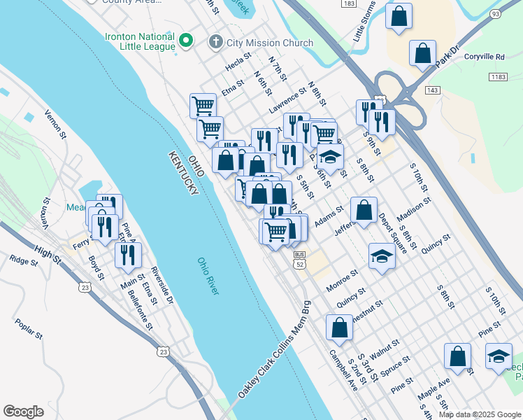 map of restaurants, bars, coffee shops, grocery stores, and more near 308 South 3rd Street in Ironton
