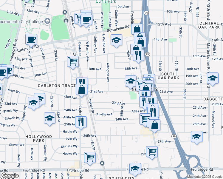 map of restaurants, bars, coffee shops, grocery stores, and more near 2700 21st Avenue in Sacramento