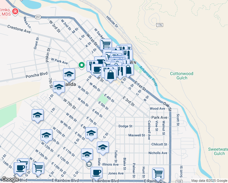 map of restaurants, bars, coffee shops, grocery stores, and more near 320 E Street in Salida