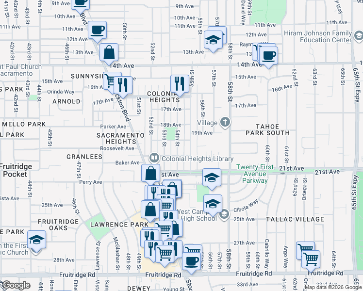 map of restaurants, bars, coffee shops, grocery stores, and more near 4445 54th Street in Sacramento