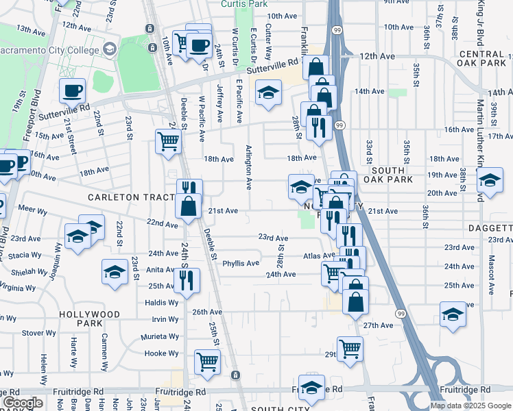 map of restaurants, bars, coffee shops, grocery stores, and more near 2700 21st Avenue in Sacramento