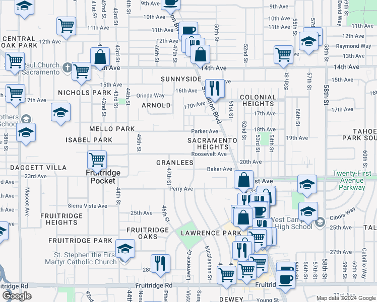 map of restaurants, bars, coffee shops, grocery stores, and more near 4735 Roosevelt Avenue in Sacramento