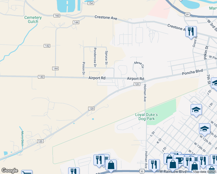 map of restaurants, bars, coffee shops, grocery stores, and more near 7580 County Road 120 in Salida