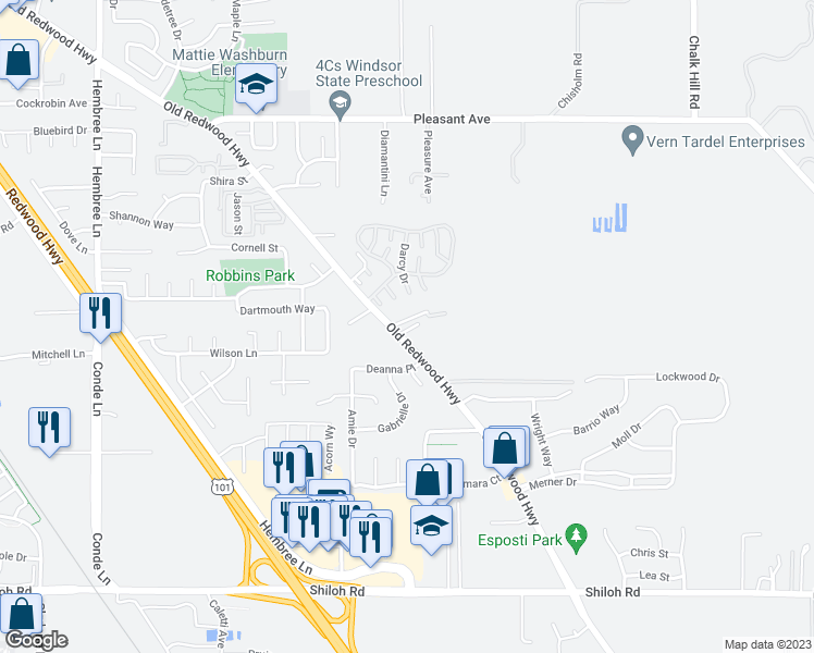 map of restaurants, bars, coffee shops, grocery stores, and more near 6384 Old Redwood Highway in Santa Rosa