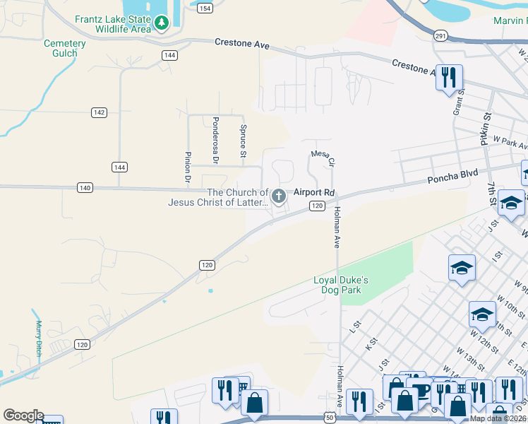 map of restaurants, bars, coffee shops, grocery stores, and more near 7530 County Road 120 in Salida