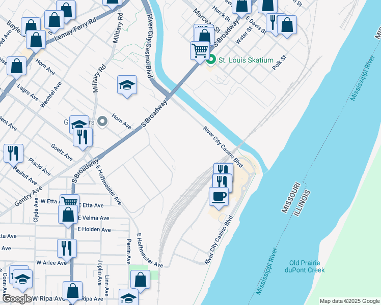 map of restaurants, bars, coffee shops, grocery stores, and more near 8900 South Broadway in St. Louis