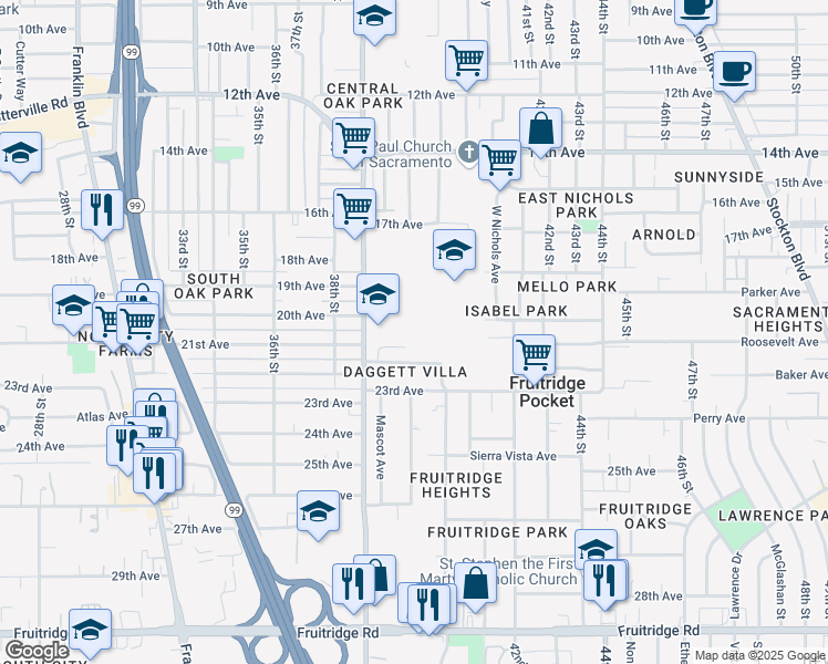 map of restaurants, bars, coffee shops, grocery stores, and more near 4005 22nd Avenue in Sacramento