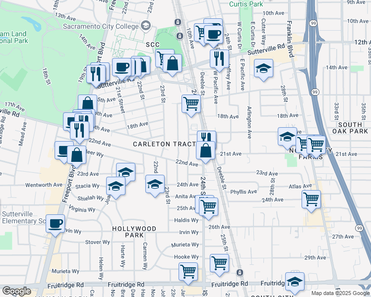 map of restaurants, bars, coffee shops, grocery stores, and more near 4531 Custis Avenue in Sacramento