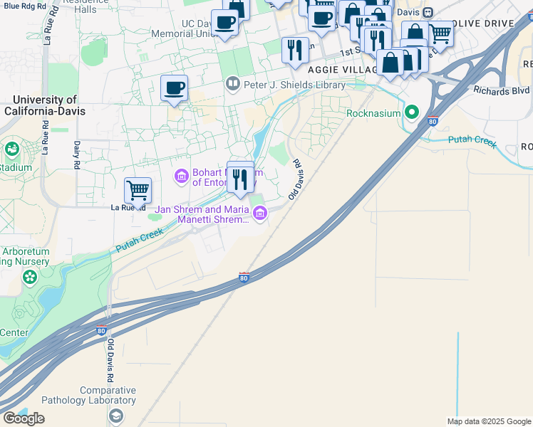 map of restaurants, bars, coffee shops, grocery stores, and more near 254 Old Davis Road in Davis