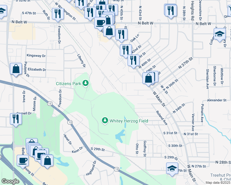 map of restaurants, bars, coffee shops, grocery stores, and more near 512 South 44th Street in Belleville
