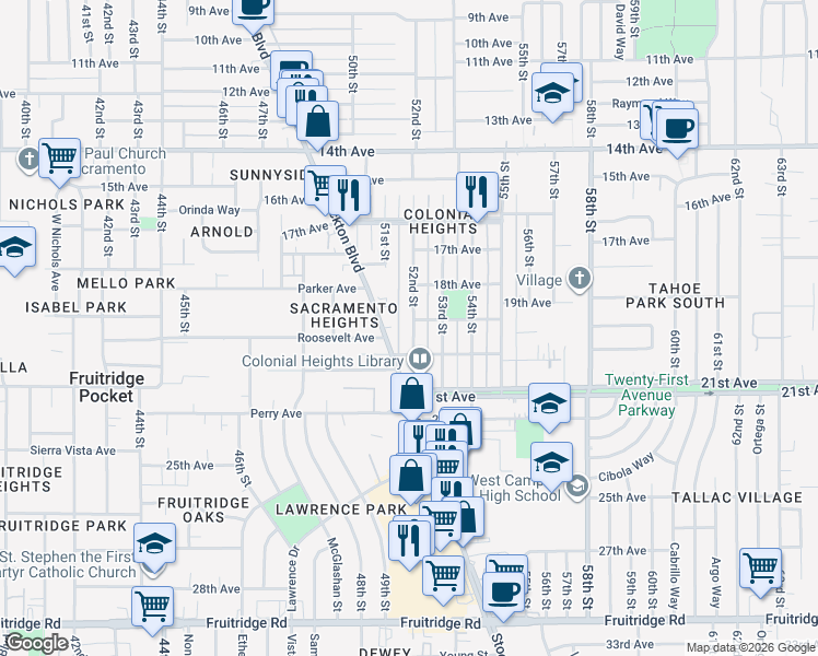 map of restaurants, bars, coffee shops, grocery stores, and more near 4420 52nd Street in Sacramento