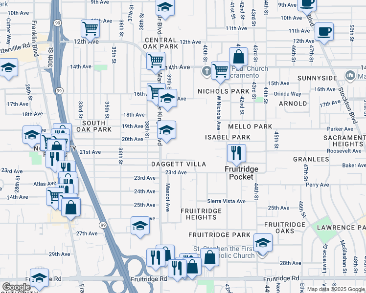 map of restaurants, bars, coffee shops, grocery stores, and more near 4501 Martin Luther King Junior Boulevard in Sacramento