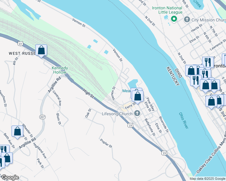 map of restaurants, bars, coffee shops, grocery stores, and more near 451 Cs-3087 in Russell