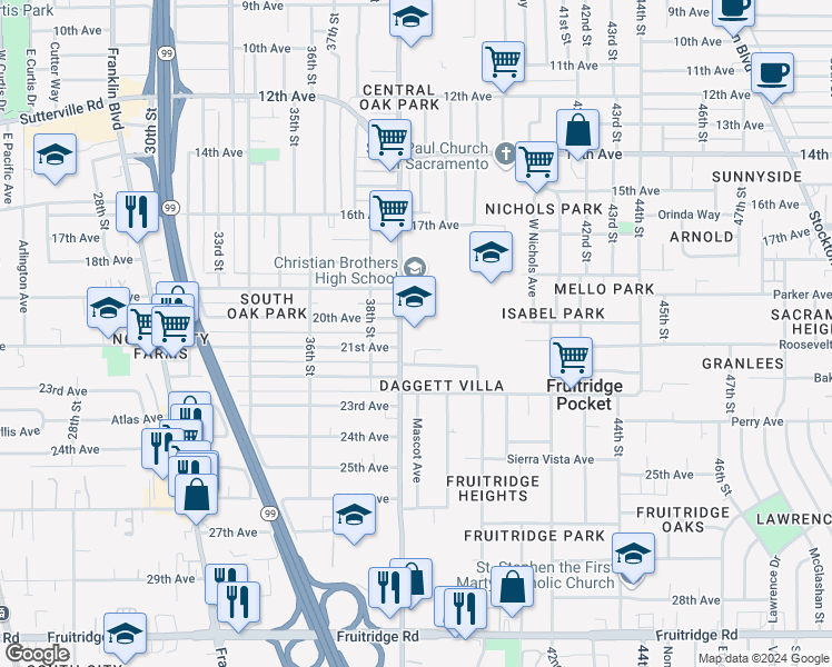 map of restaurants, bars, coffee shops, grocery stores, and more near 4501 Martin Luther King Junior Boulevard in Sacramento