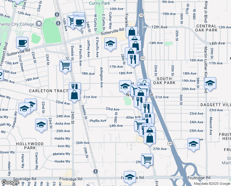 map of restaurants, bars, coffee shops, grocery stores, and more near 2731 21st Avenue in Sacramento