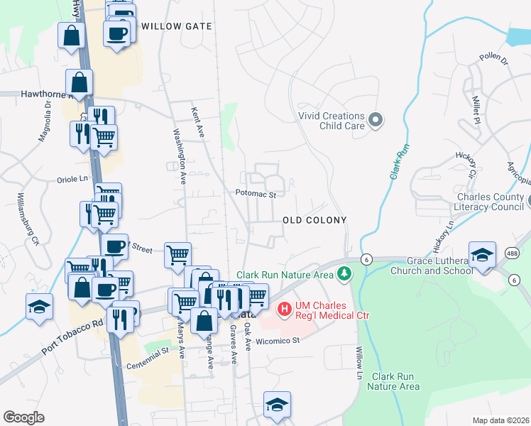 map of restaurants, bars, coffee shops, grocery stores, and more near 305 Jennie Run Drive in La Plata