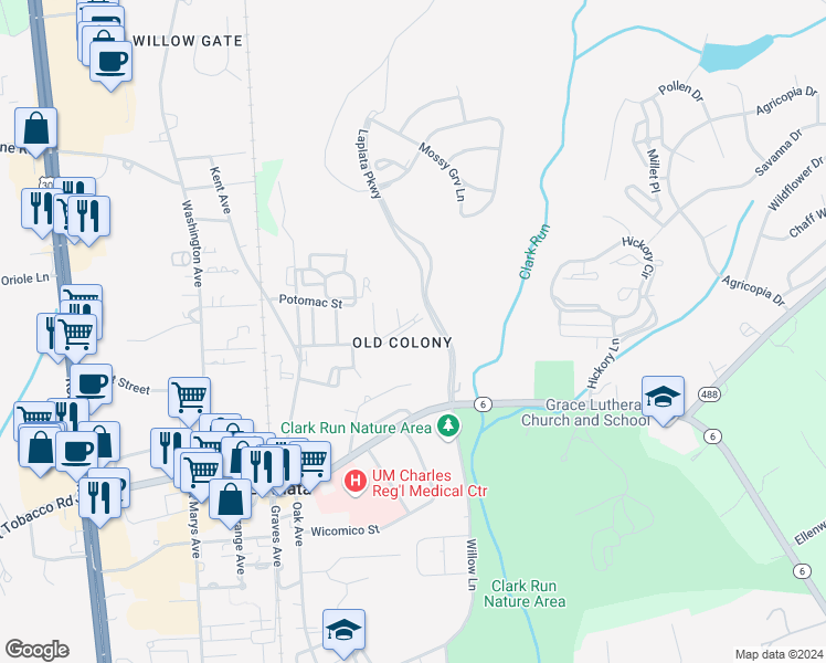 map of restaurants, bars, coffee shops, grocery stores, and more near 911 Laurel Lane in La Plata